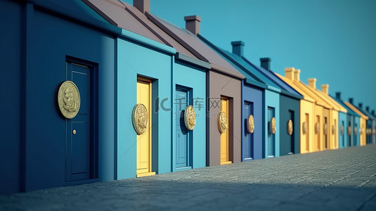 一排金币背景图片_一排金币装饰着蓝色的门和背景令人惊叹的 3D 渲染图像