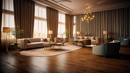 旅馆房间背景图片_优雅的休息区设计，配有优质软垫家具精致的桌子和无可挑剔的酒店房间地板 3D 渲染