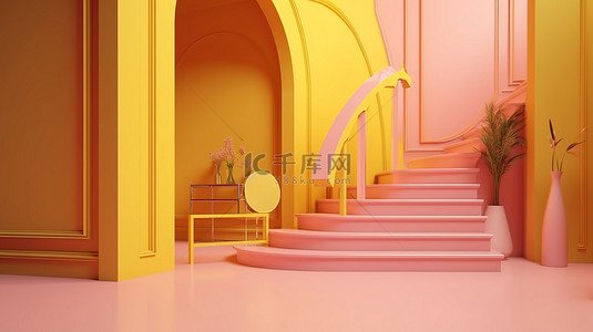 黄色调背景图片_装饰艺术风格的产品展示，采用充满活力的黄色调，角落处有一个粉红色平台，以 3D 渲染