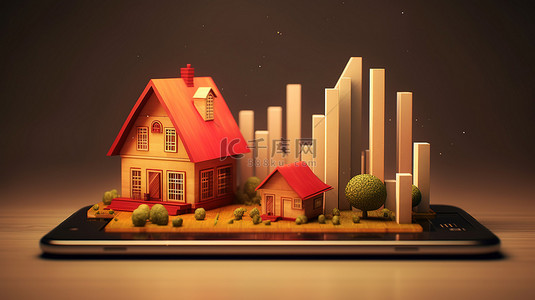 房地产增长设想商业图的 3D 插图与房屋和手机显示