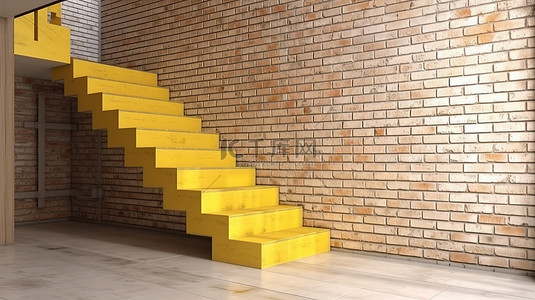 阁楼设计，带有充满活力的黄色楼梯和光滑的 3D 渲染白砖墙