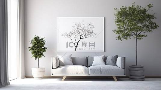 舒适客厅中海报模型的 3D 渲染，配有白色织物扶手椅咖啡桌和大花瓶