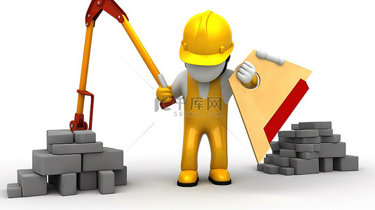 施工安全标志背景图片_建筑工人在施工标志旁边操作 3d 手提钻