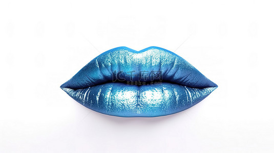白色背景上带有醒目的蓝色唇膏的女性吻形嘴唇的 3D 渲染