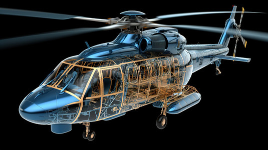 直升机机身结构的线框 3D 模型