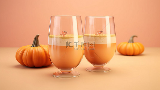 秋季灵感饮料在玻璃杯中，米色背景上有节日南瓜 3D 渲染，用于节日促销和销售