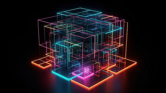 抽象方形的霓虹灯箱未来派 3d 渲染