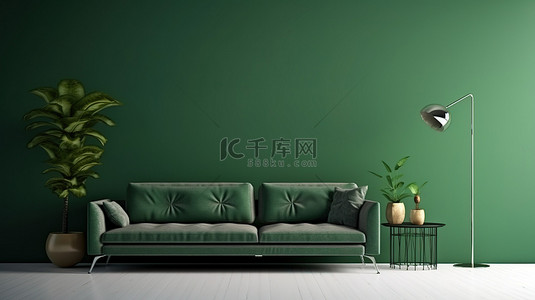 古典家具背景背景图片_时尚的现代客厅配有简约的沙发和 3D 渲染的绿色墙壁背景