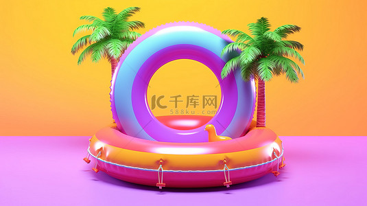 充满活力的彩虹充气环和漂浮在紫色背景上的显示屏，以 3d 形式庆祝夏季