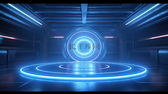 深蓝色房间 3D 渲染中带有网络激光束的未来霓虹灯圆舞台