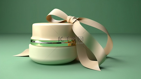 绿色背景上带有米色丝带的奶油罐和管的 3D 渲染