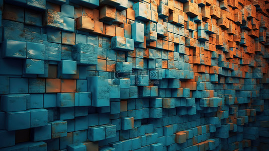 3D 墙壁纹理体积正方形或橙色和蓝色随机砖块，具有自然光和阴影