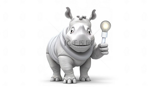 搞笑的 3D 犀牛举着牌子和灯泡