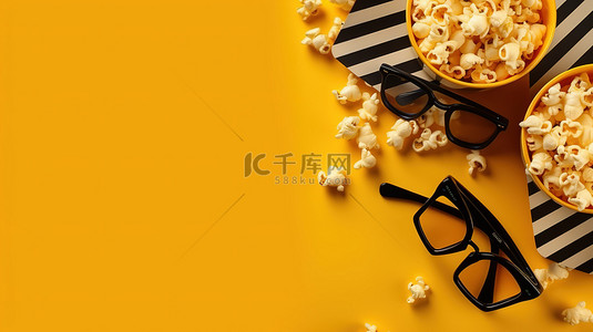 电影必需品拍板电影卷轴爆米花和 3D 眼镜，位于充满活力的黄色背景上，有文字空间