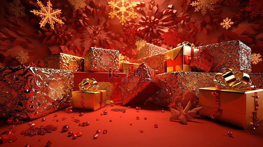 金色边框红色背景背景图片_迷人的圣诞节 3D 渲染，配有红色和金色礼盒雪花和装饰品