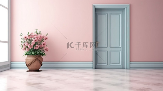 宁静柔和的房间内部配有木门花卉装饰瓷砖地板和 3D 渲染