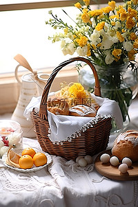 一堆面包背景图片_桌子上有一篮子好吃的东西，附近也有一篮子鲜花