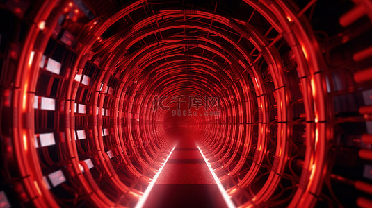 具有红色数字电缆网络连接的隧道背景的 3D 渲染
