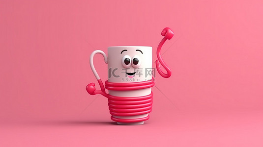 卡通人物的 3D 插图，弹性手拿着粉色杯子和红色别针