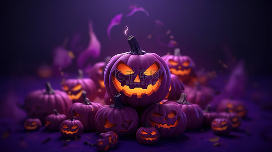 传统的十月假期 3D 渲染紫色背景上的万圣节杰克灯笼南瓜角色