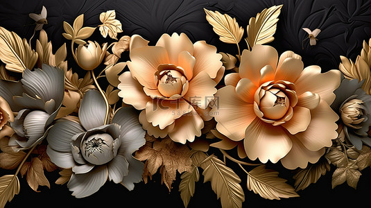 黑色玫瑰花背景背景图片_优雅的 3D 金色花朵墙壁艺术，黑色背景，为您的家居装饰增添迷人色彩