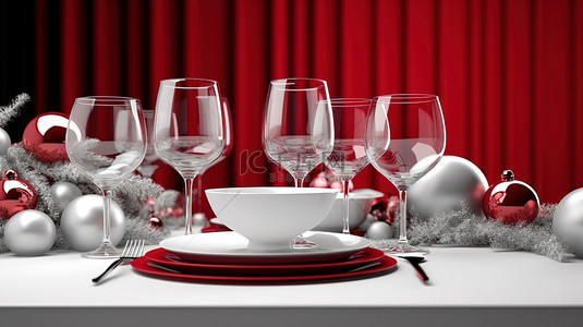 单色红色房间 3D 渲染圣诞节餐桌，配有盘子和酒杯