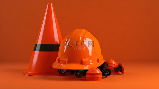 施工工地背景背景图片_橙色背景，配有 3D 安全头盔和交通锥