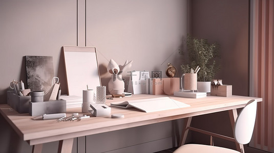 office oasis 3d 渲染了一个高效的家庭办公空间，有充足的办公桌空间，可以放置文具和文件，还有郁郁葱葱的绿色植物