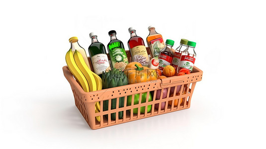 杂货食品背景图片_白色隔离 3D 渲染塑料购物篮中的各种杂货物品集合