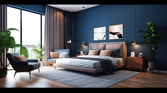 时尚的 3D 渲染卧室配有深蓝色墙壁浅色家具和两把漂亮的棕色椅子