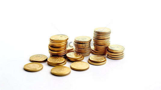 银行投资背景图片_白色背景上堆叠的金币通过 3D 渲染描绘商业投资和外汇货币兑换