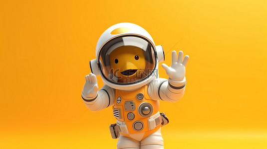 宇航员卡通迎接 3D 黄色背景渲染