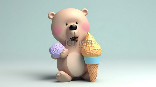可爱的熊在 3d 中享受冰淇淋