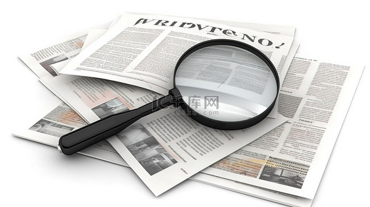无聊文章背景图片_探索孤立放大镜和报纸的新闻 3D 插图