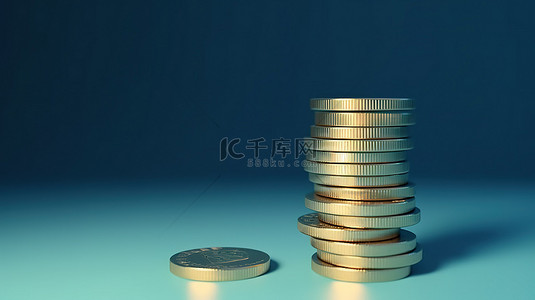 蓝色简约金融背景图片_蓝色背景上堆叠的硬币的简约 3D 渲染