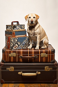 一只狗坐在几个手提箱旁边，还有一个包裹着礼品标签的手提箱