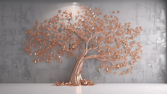 灰色墙壁上渲染的 3D 抽象树，带有铜色和金色的色调