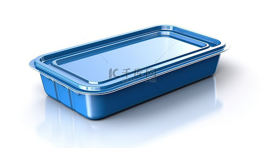 空白标记蓝色塑料食品容器托盘包装的白色背景 3D 渲染