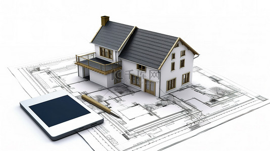 白色背景 3D 渲染上的住房蓝图笔记本电脑和办公工具