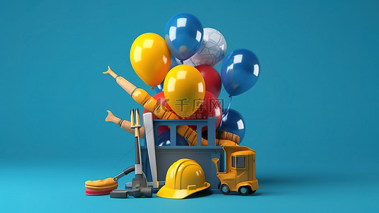 蓝色的安全帽背景图片_美国劳动节庆祝活动蓝色背景下建筑工具和气球的 3D 渲染