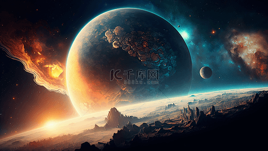 梦幻星空宇宙蓝色背景图片_外太空星球插画背景