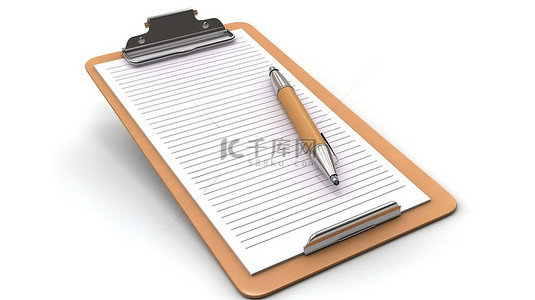 笔盒标签背景图片_白色背景，带有 3D 渲染的纸剪贴板笔和用于订单愿望或购物的列表标签