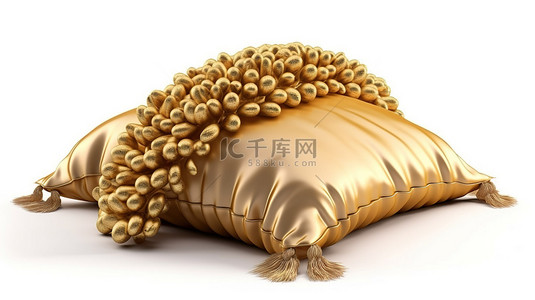 金色流苏丝绸皇家枕头在 3d 渲染隔离在白色背景