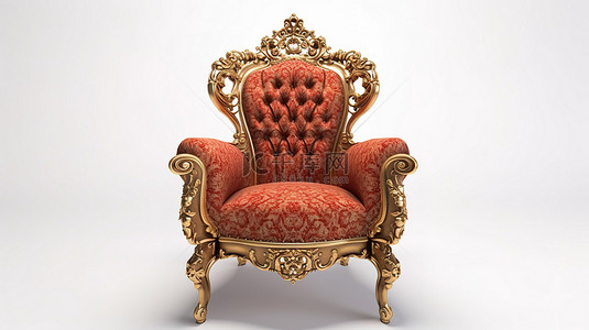 巴洛克式扶手椅宝座，青铜色和红色，白色背景 3d 渲染