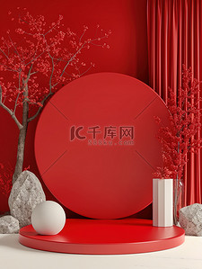 春节红色展台背景图片_空白的红色展台新年背景