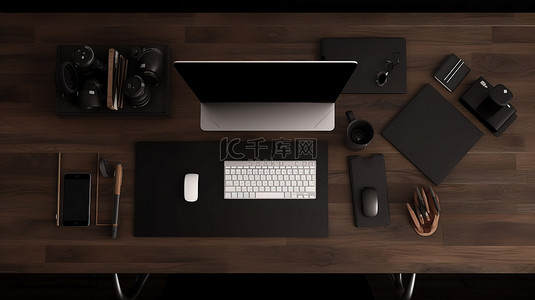 深色木桌上平静工作区笔记本电脑用品和电话的顶视图，配有 3D 插图