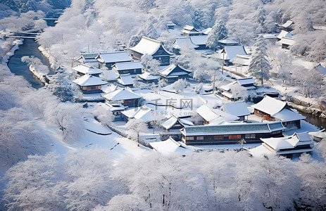 从雪中的日本村庄上方拍摄的照片