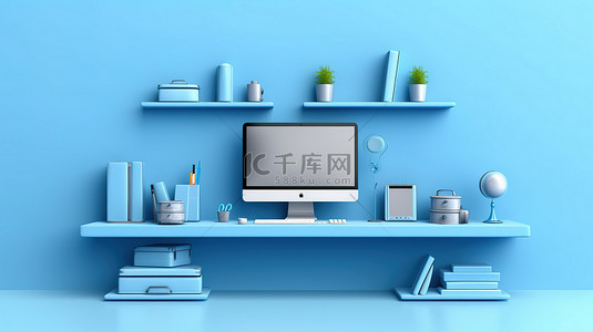蓝色墙架横幅与电脑笔记本电脑手机和数字平板电脑 3D 插图