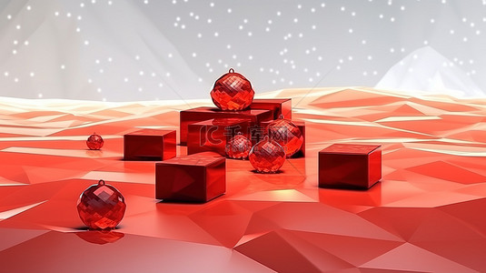 低聚风格充满活力的红色圣诞树与礼品盒和石头在 3D 渲染