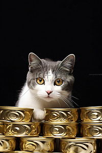 可爱的猫背景图片_一只毛茸茸的猫在吃一堆罐头